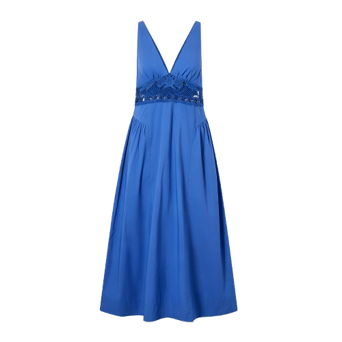 Bright blue midi dress with lace cut out waist