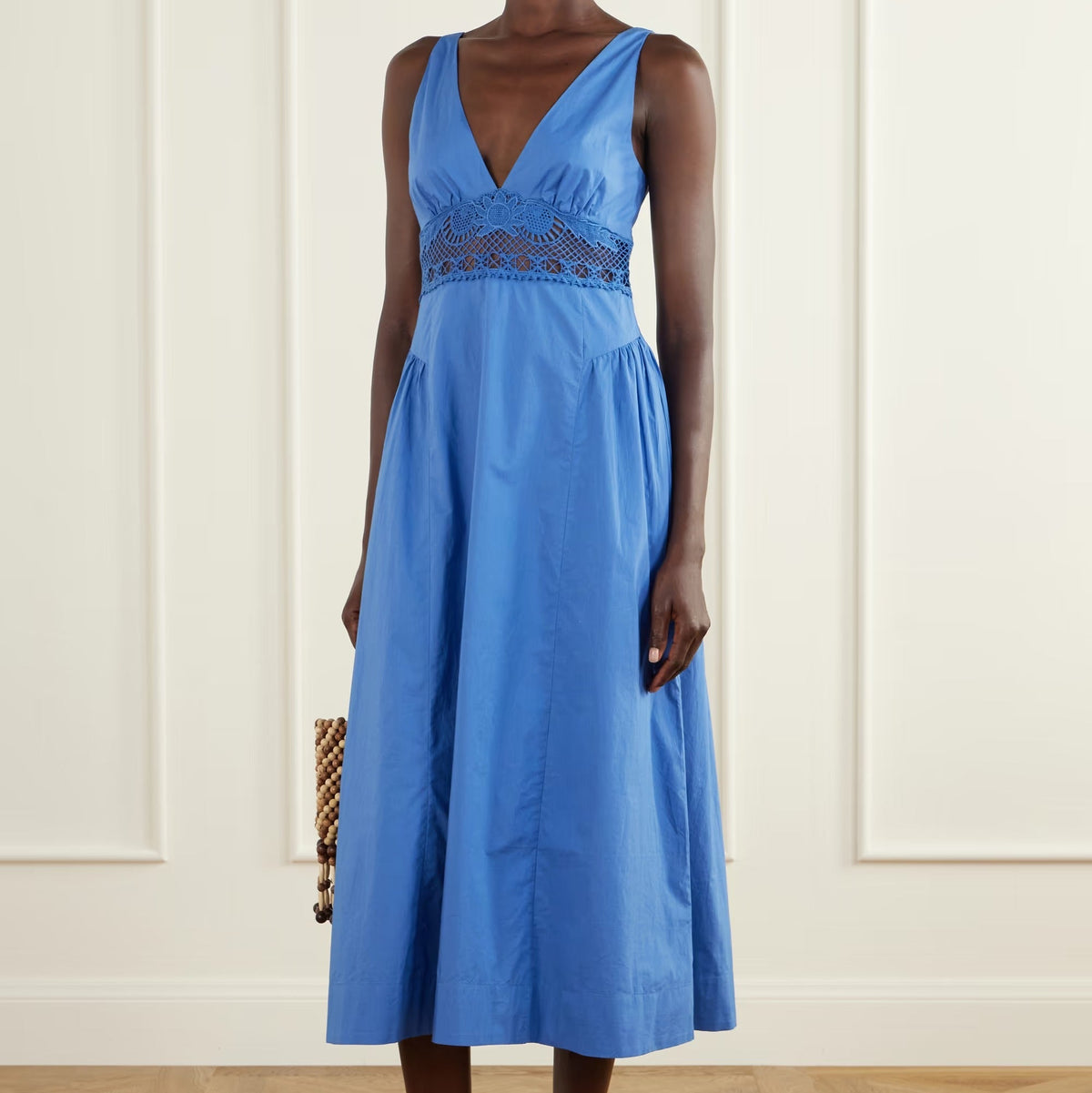 Bright blue midi dress with lace cut out waist