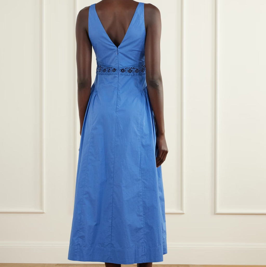 Bright blue midi dress with lace cut out waist