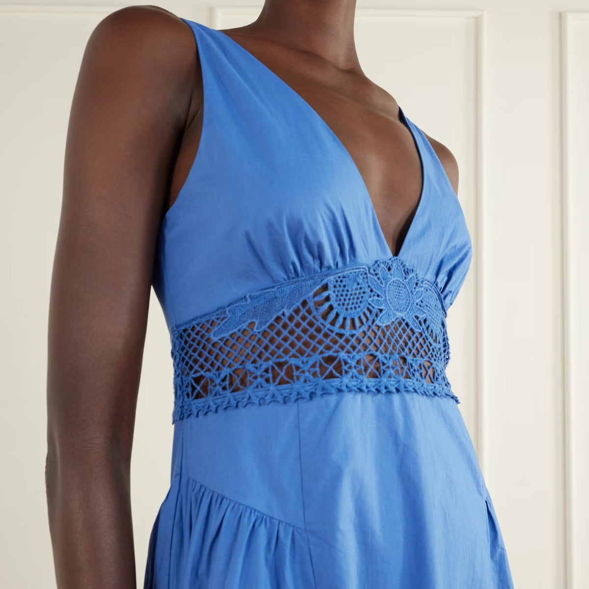 Bright blue midi dress with lace cut out waist