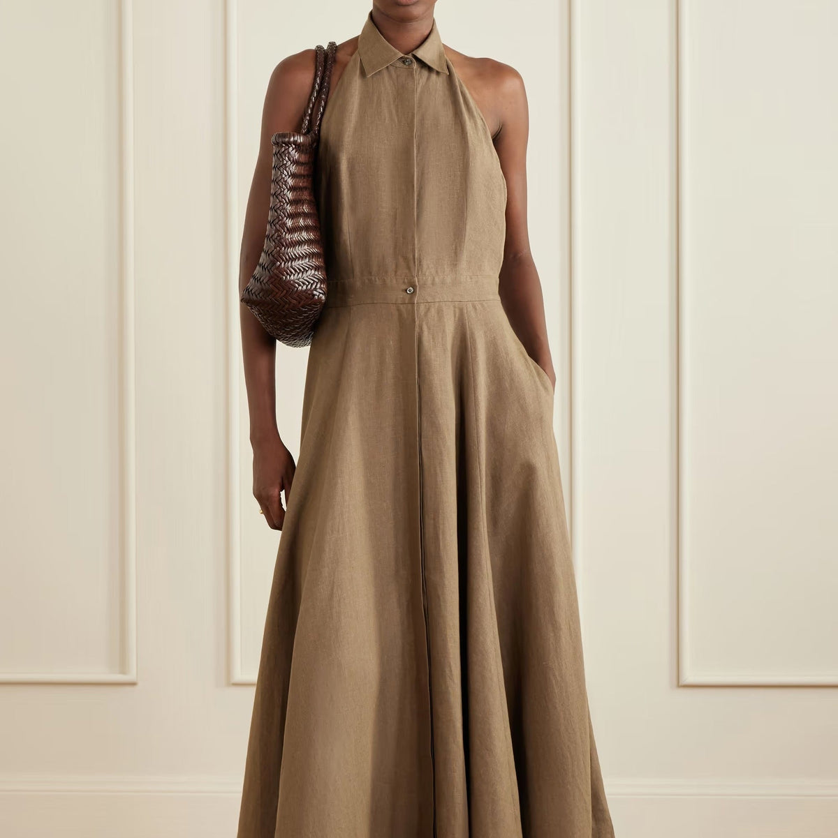 Brown halter neck open back linen maxi dress