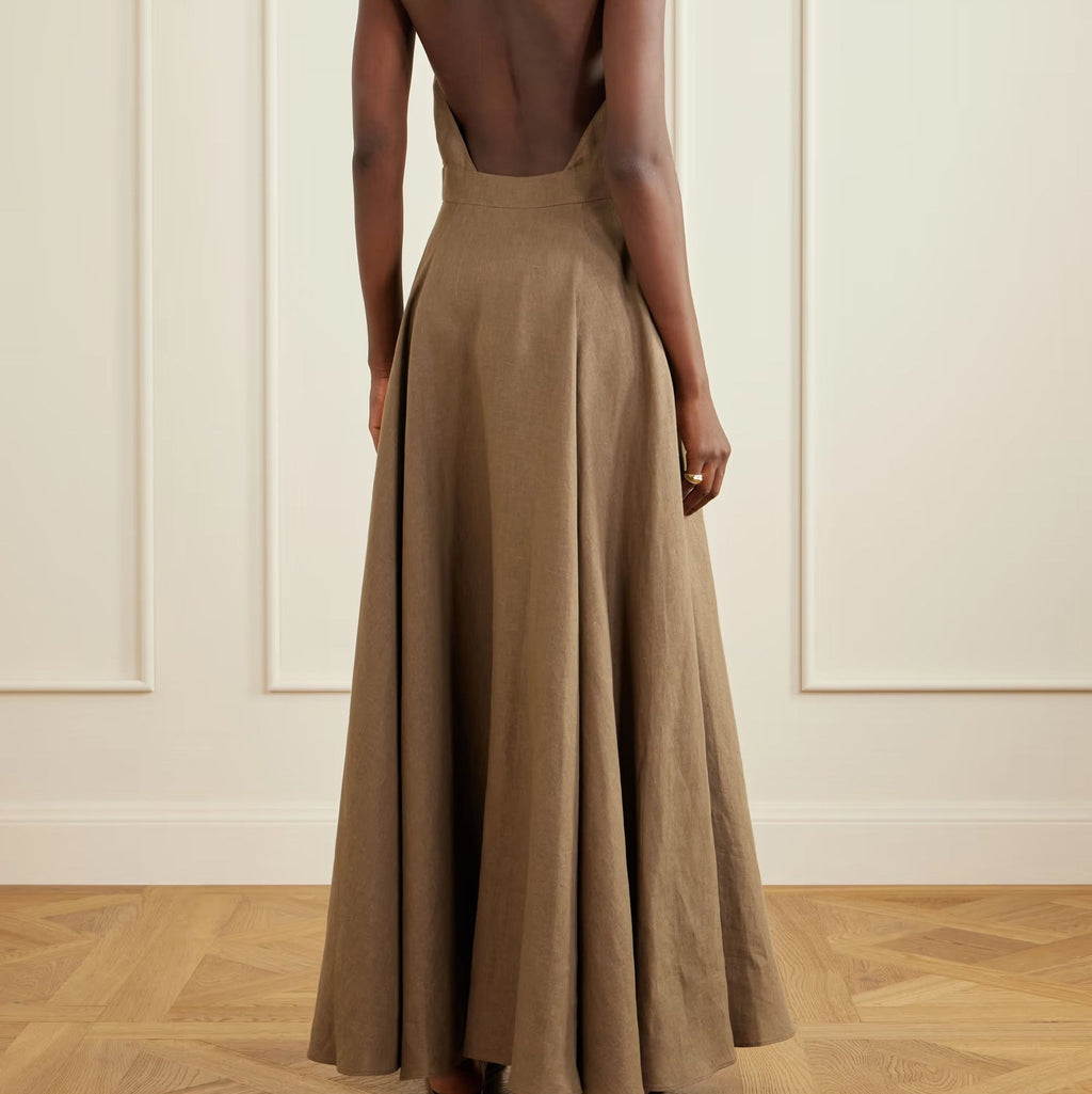 Brown halter neck open back linen maxi dress