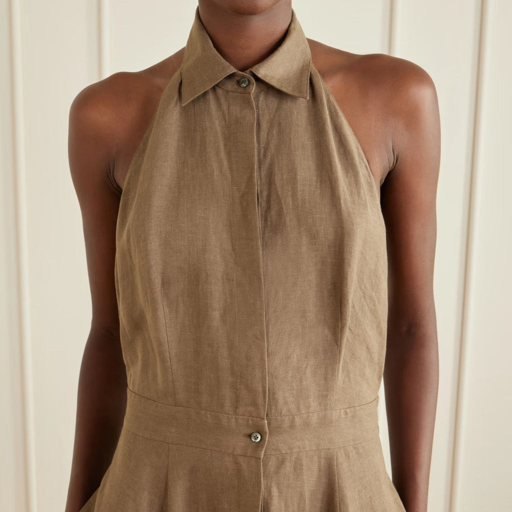 Brown halter neck open back linen maxi dress