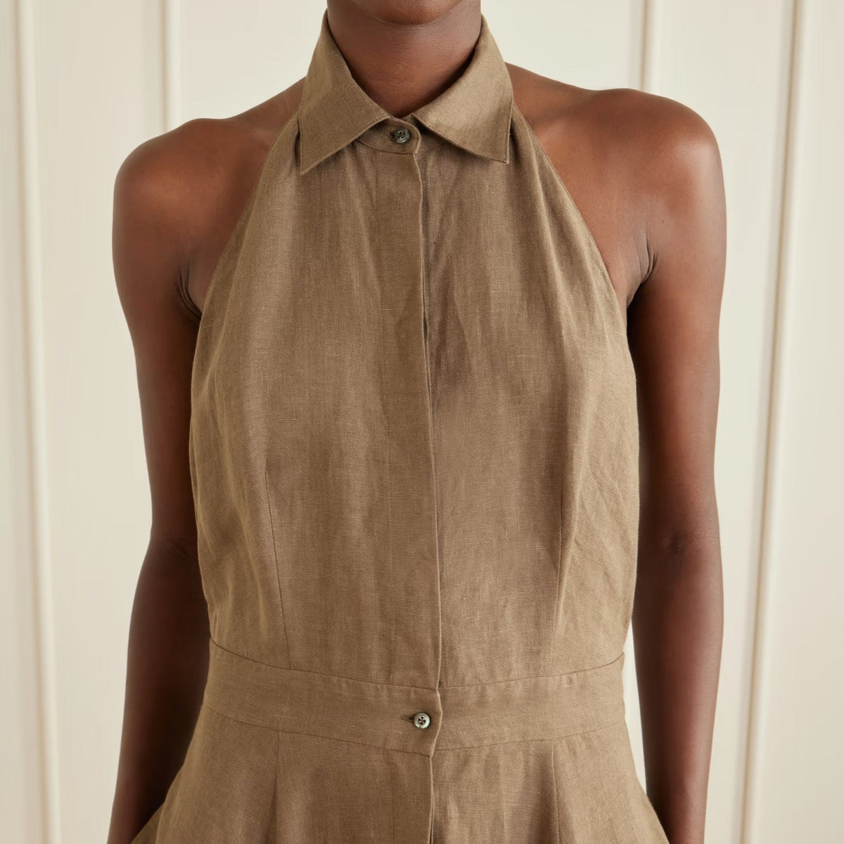 Brown halter neck open back linen maxi dress