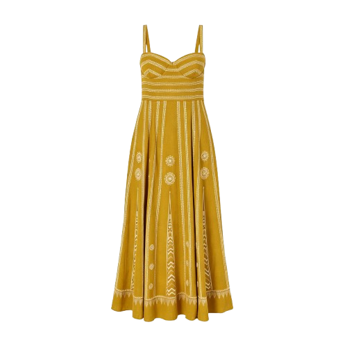 Mustard yellow embroidered maxi dress with wide straps
