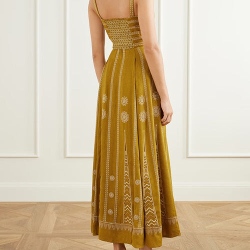 Mustard yellow embroidered maxi dress with wide straps