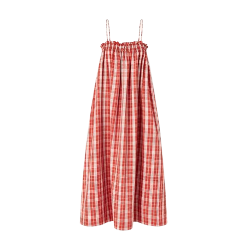 Red gingham midi dress with spaghetti straps
