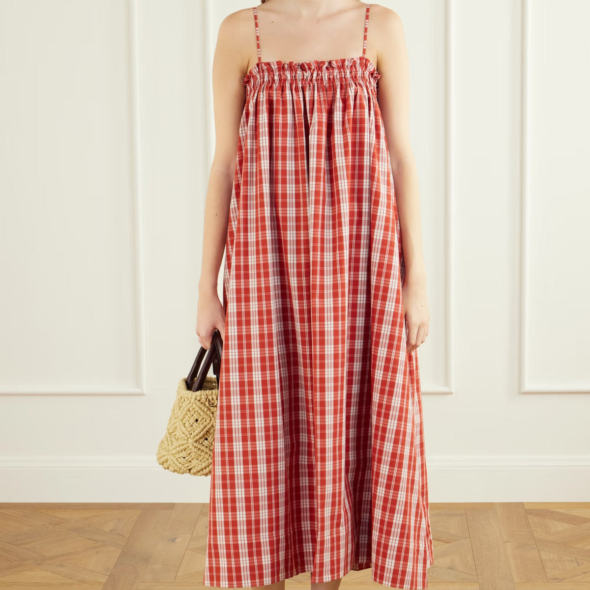 Red gingham midi dress with spaghetti straps
