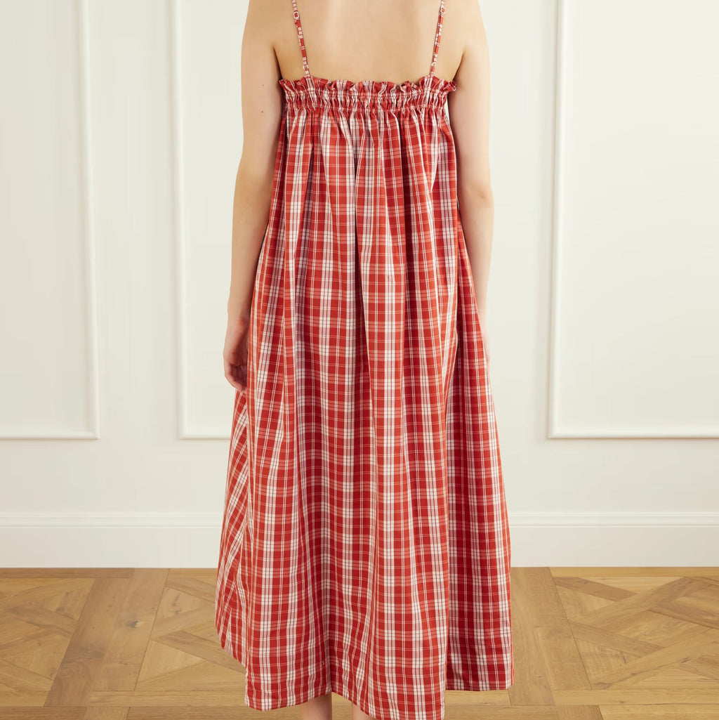 Red gingham midi dress with spaghetti straps