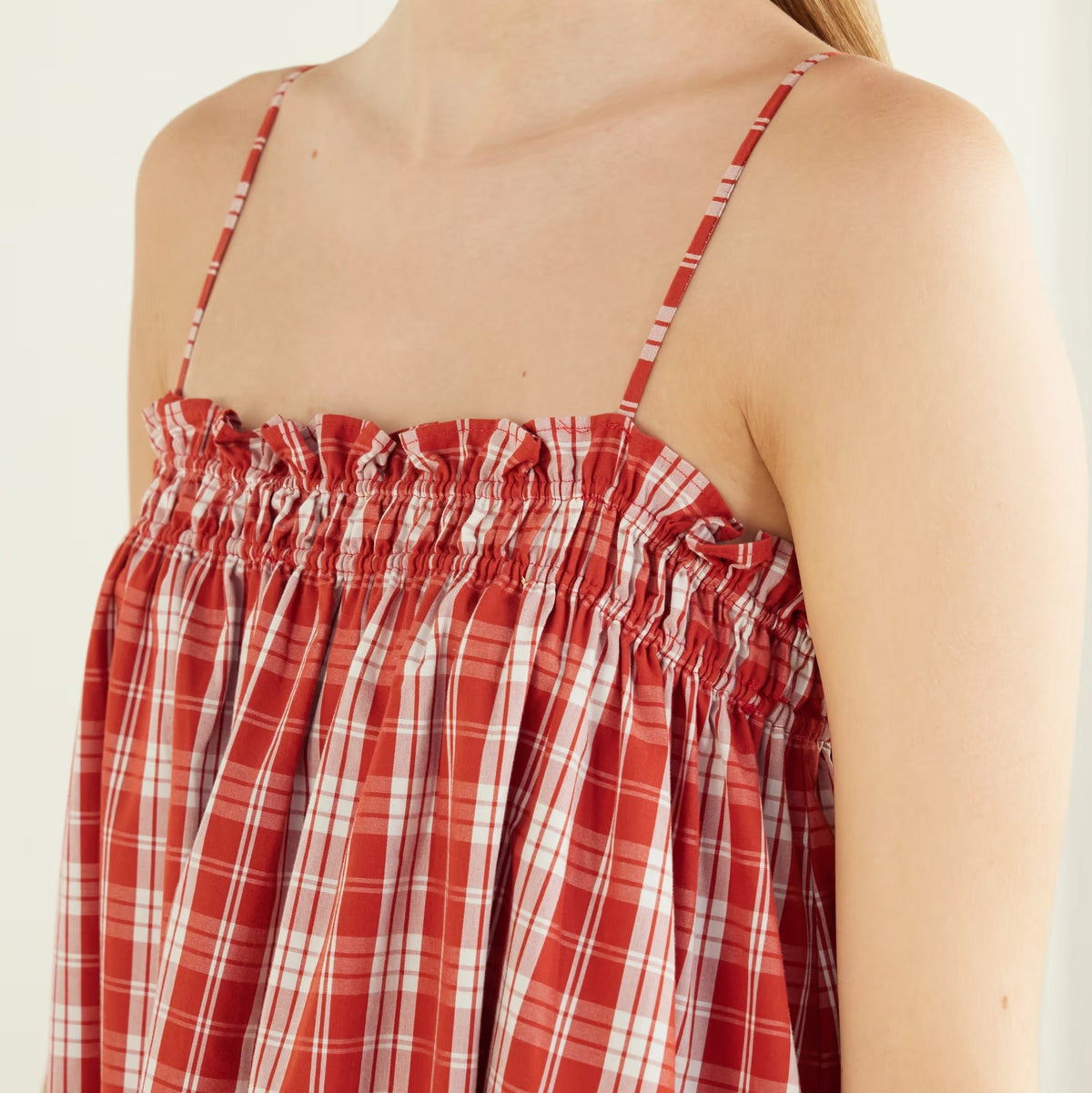 Red gingham midi dress with spaghetti straps