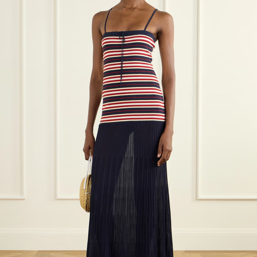 Striped pleated maxi dress with spaghetti straps