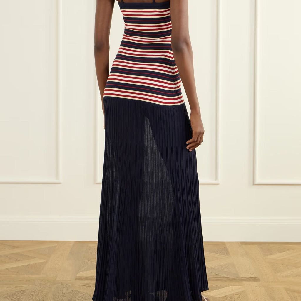 Striped pleated maxi dress with spaghetti straps