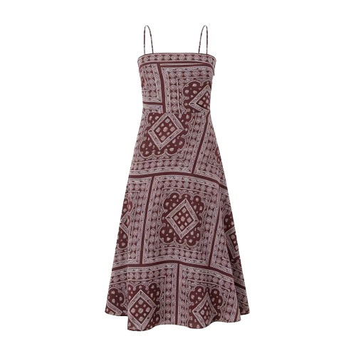 Vintage print midi dress with spaghetti straps