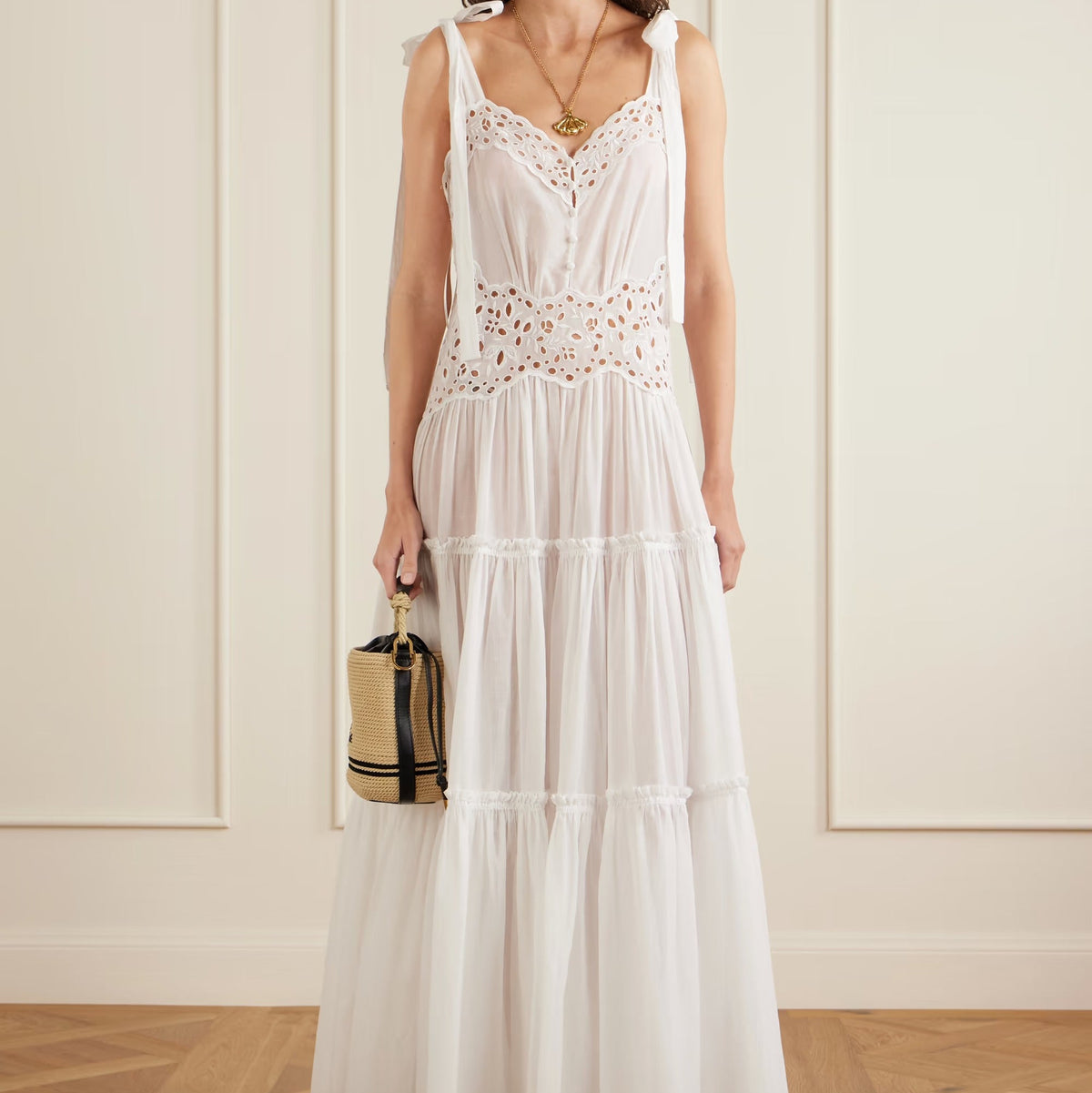 White lace up eyelet embroidered maxi dress