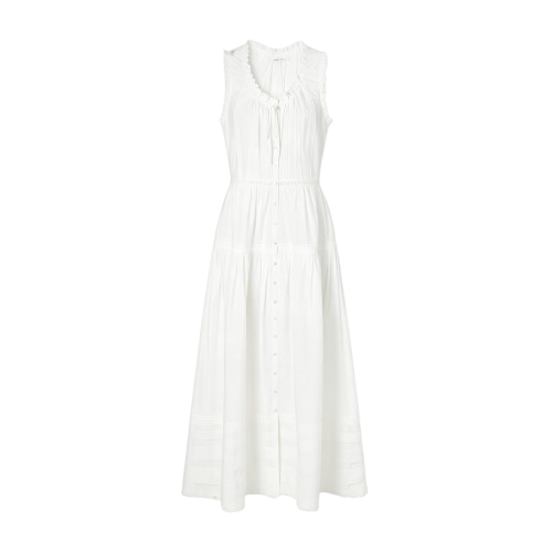 White sleeveless midi dress with ruffles