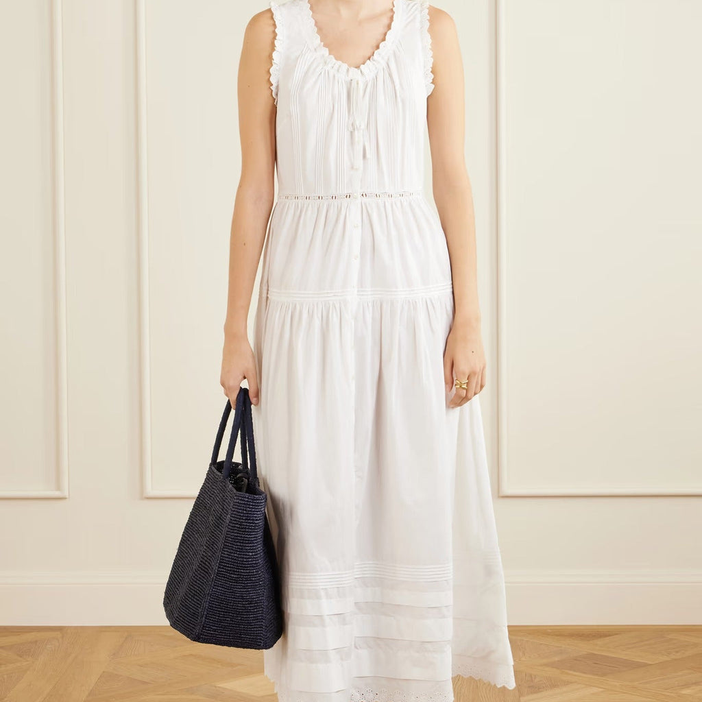 White sleeveless midi dress with ruffles